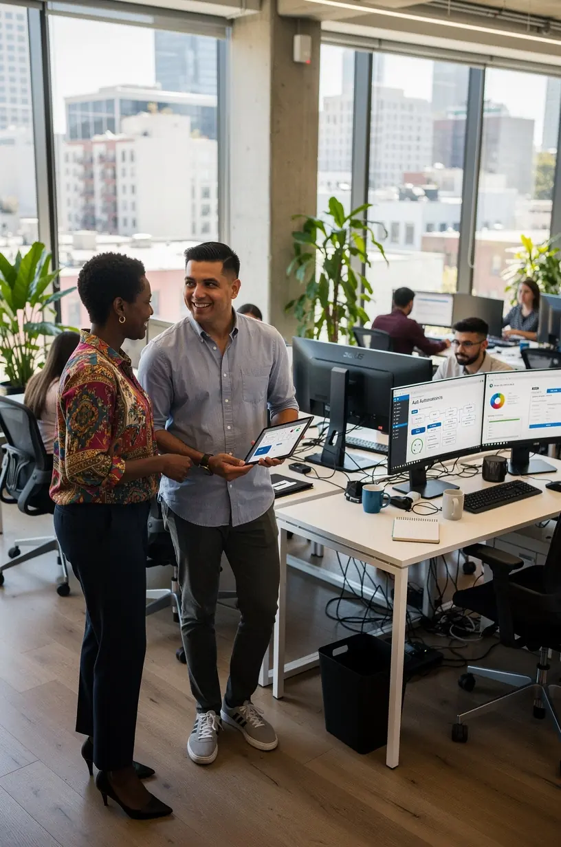 Close-up of a person programming automation software on a laptop in a modern office setting