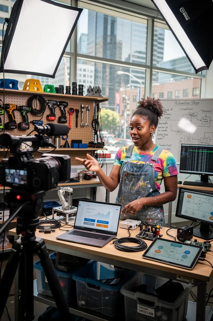 Professional presenting a tutorial on using automation tools to streamline business operations